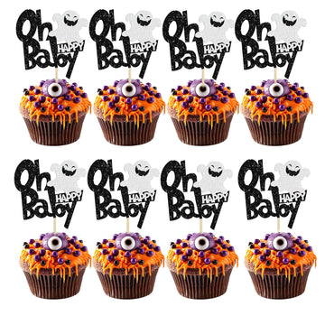 24Pcs Ghost Oh Baby Cupcake Toppers Glitter Gender Reveal Baby Shower Spooky Halloween Cupcake Picks For Halloween Theme Baby Sh