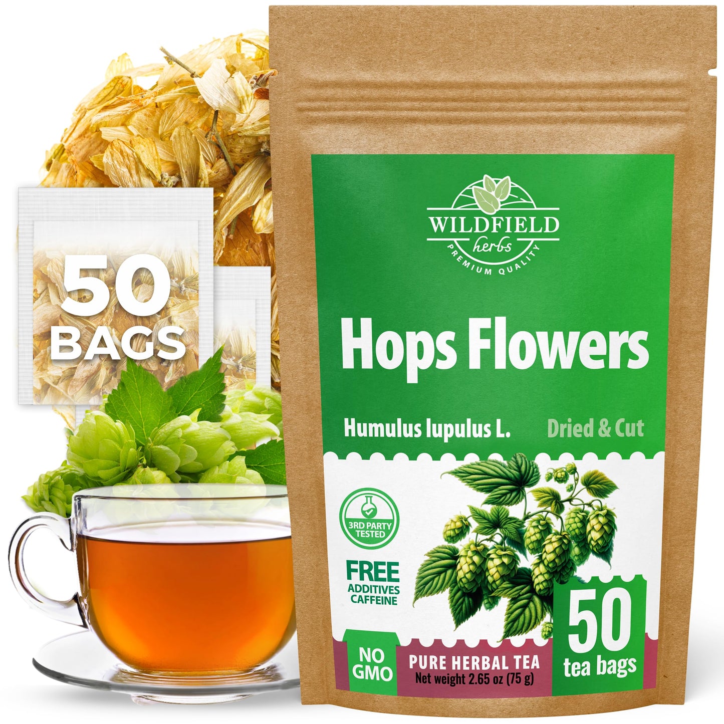 50 Bags Hop Tea Hops Herb Dried Hops Flowers Herbal Tea (Humulus Lupulus) - 50 Count 1.5G Bags Hoptea Lupulo Entero