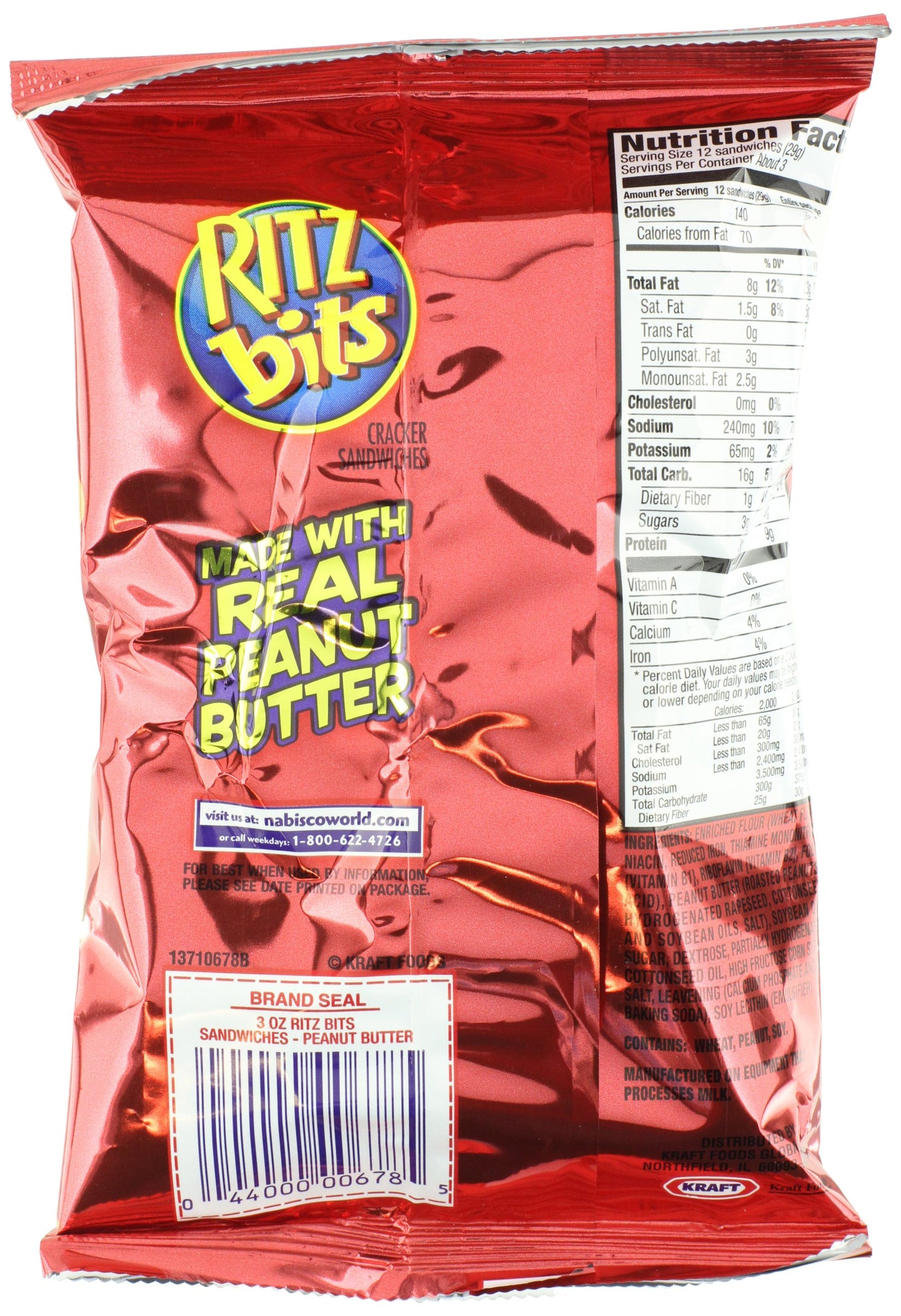 Nabisco Ritz Bits Peanut Butter, 3-Ounces (Pack Of 12)