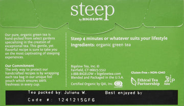 Steep By Bigelow Organic Pure Green Tea, 20 Count (Pack Of 6), 120 Tea Bags Total