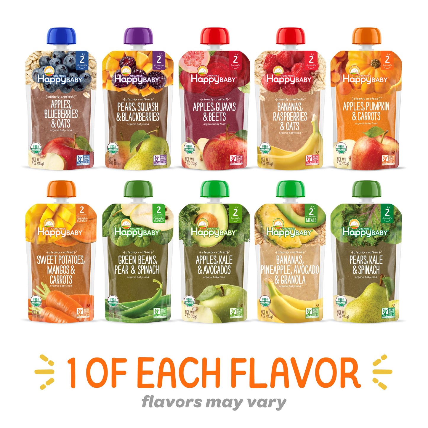Happy Baby Organics Stage 2 Baby Food Pouches, Gluten Free, Vegan & Healthy Snack, Clearly Crafted Fruit & Veggie Puree, Fruit & Veggie Variety Pack, 4 Ounces (Pack Of 10), Large Online Retailer Limited Availability