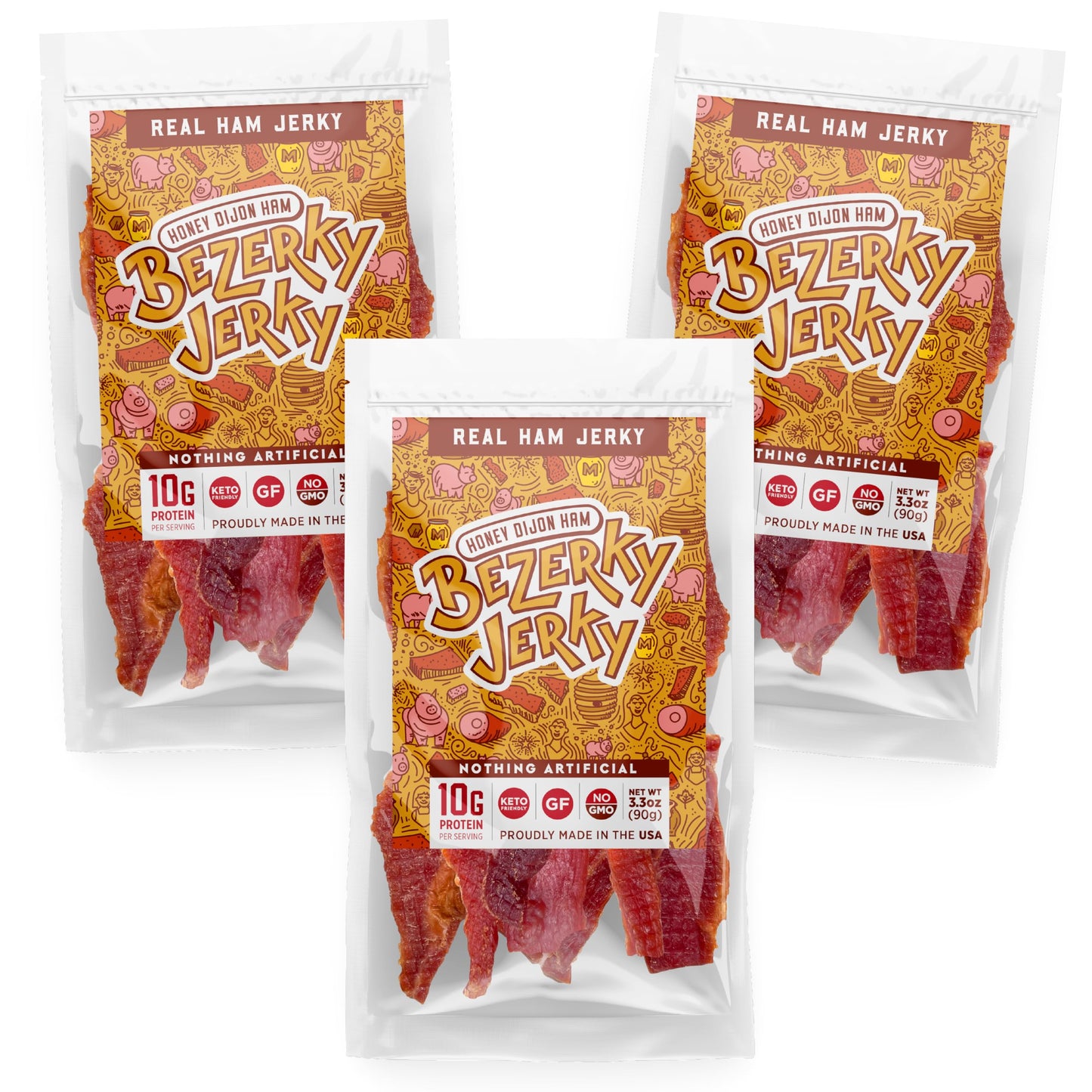 Bezerky Jerky All Natural Ham Jerky, Honey Dijon, Low Fat, Gluten-Free, 3.3 oz (Pack of 3)