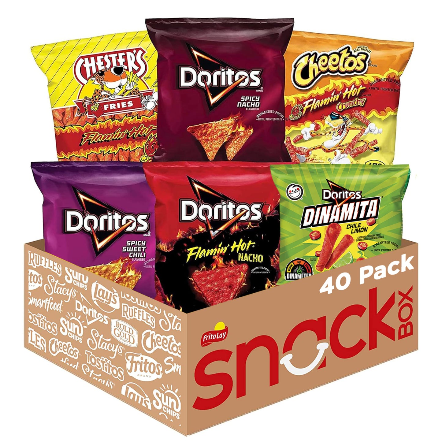 Frito Lay Fiery Mix Variety Pack, Hot & Spicy Snacks Single Serve Bags, (Pack Of 40), Flamin' Hot Cheetos, Doritos, Chester'S Hot Fries