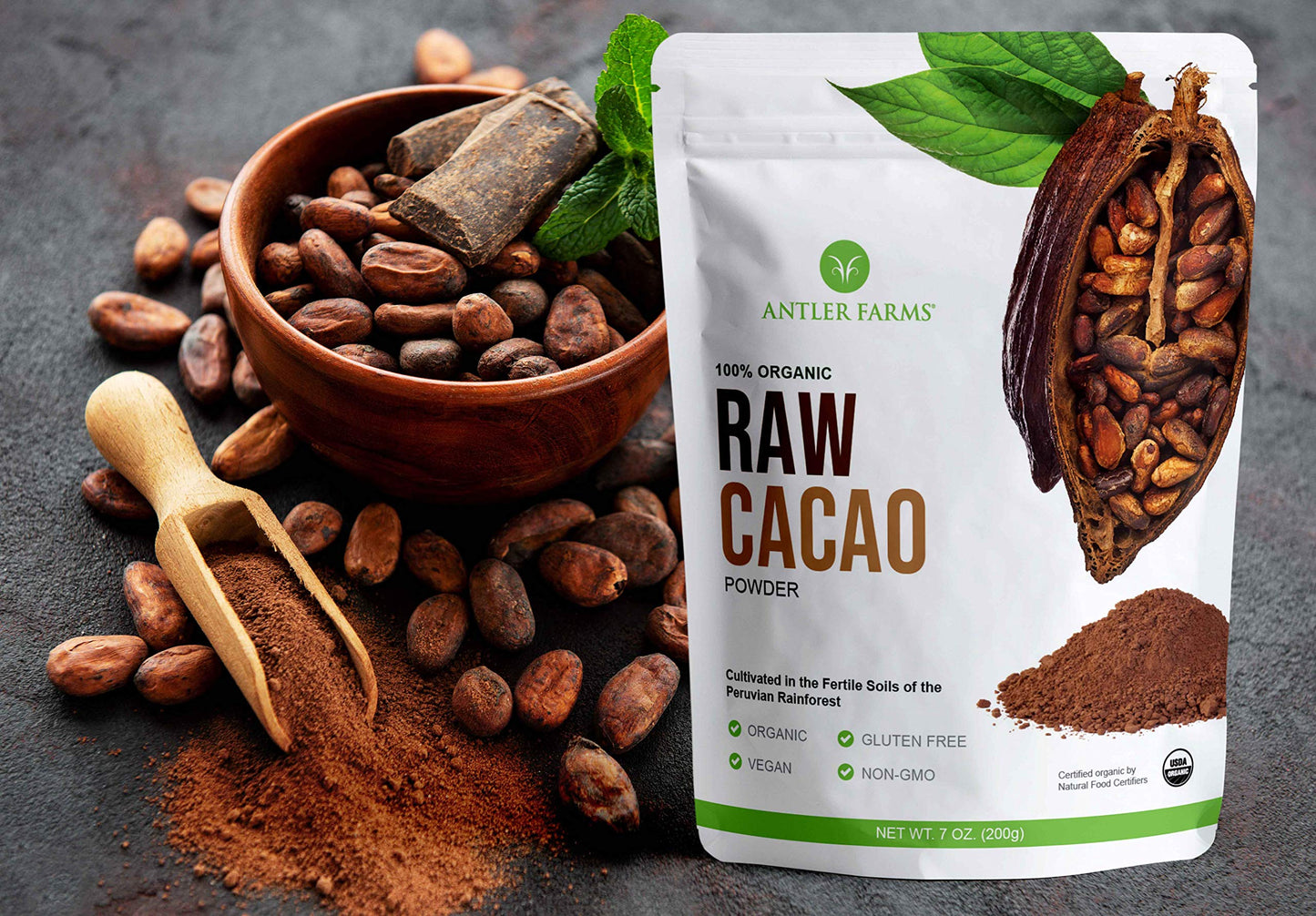 Antler Farms - 100% Pure Organic Raw Cacao Powder, 40 Servings, 200G - Vegan, Gluten Free, Cultivated Naturally In Large Online Retailer Rainforest, Certified Usda Organic