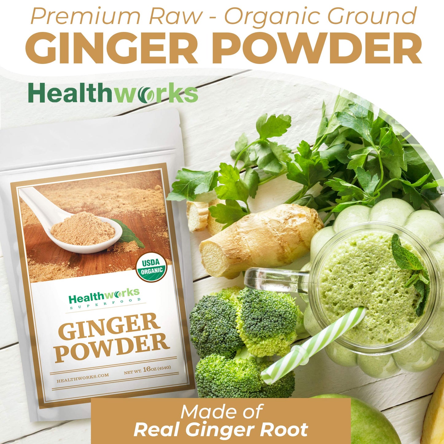 Healthworks Ginger Powder (16 Ounces / 1 Pound) | Ground | Raw | All-Natural & Certified Organic | Keto, Vegan | Great With Coffee, Tea & Juices | Superfood/Spice