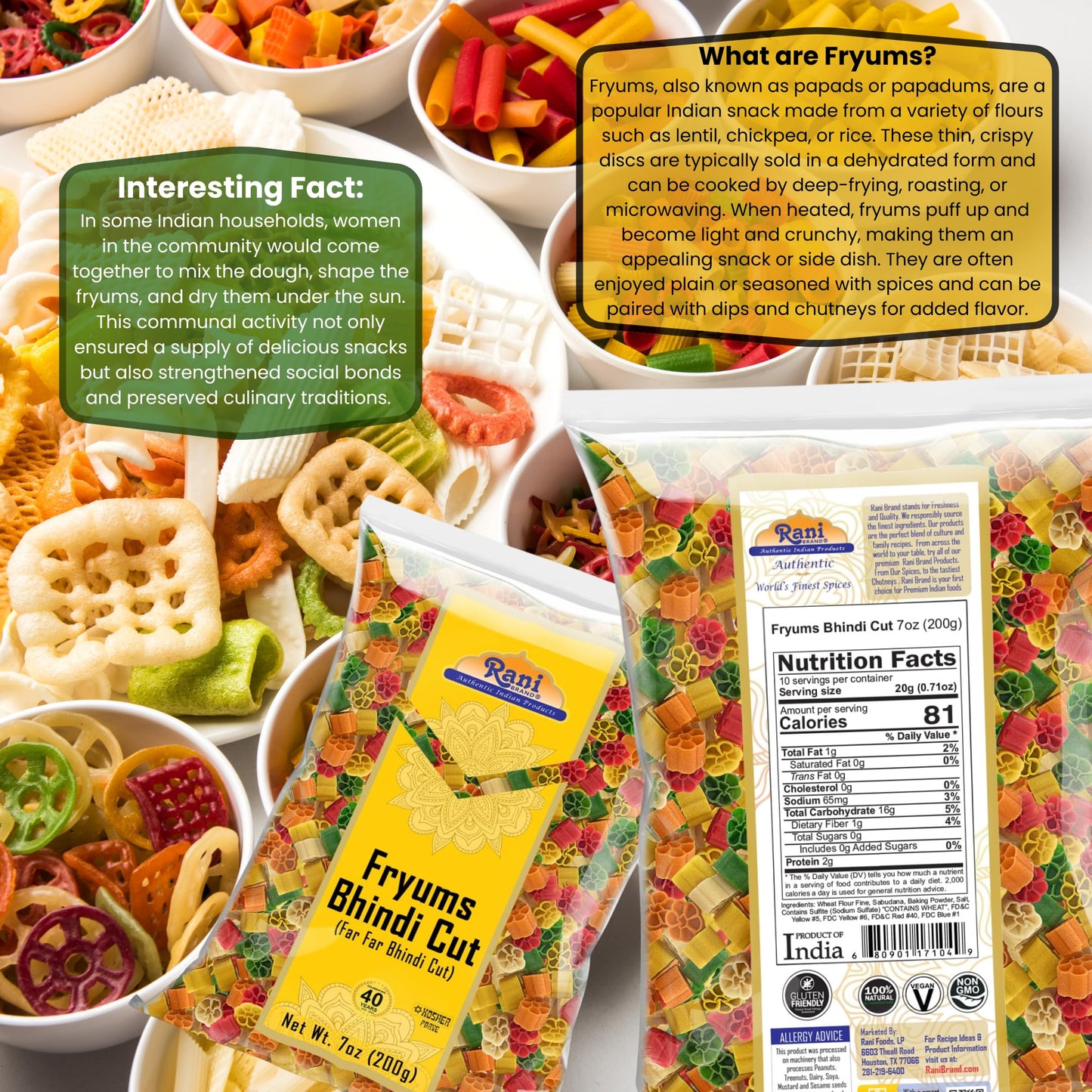 Rani Brand Fryums Bhindi Shape 7oz Vegan Uncooked Snack - Wheat & Tapioca project piece