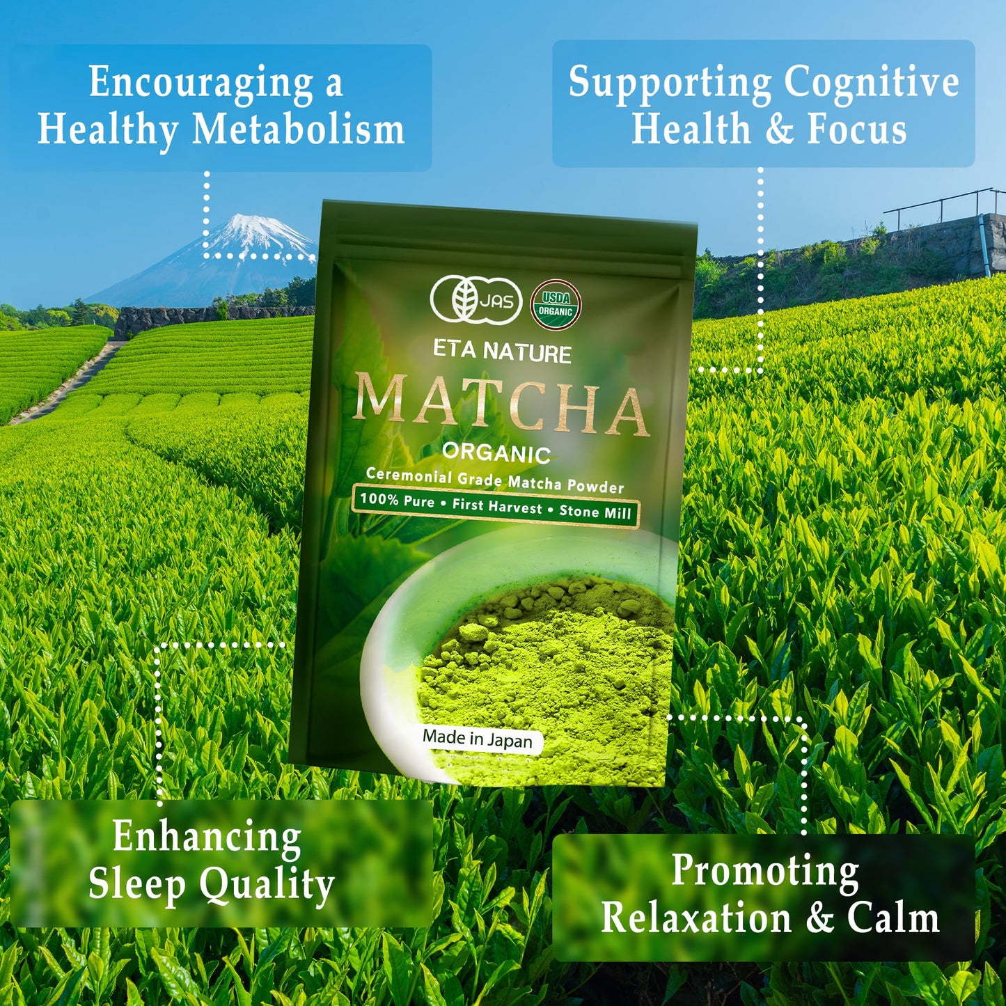 ETANATURE Premium Ceremonial Grade Matcha Powder, JAS Certified, 120g for Metabolism, Brain, and Sleep, Green Tea from Japan