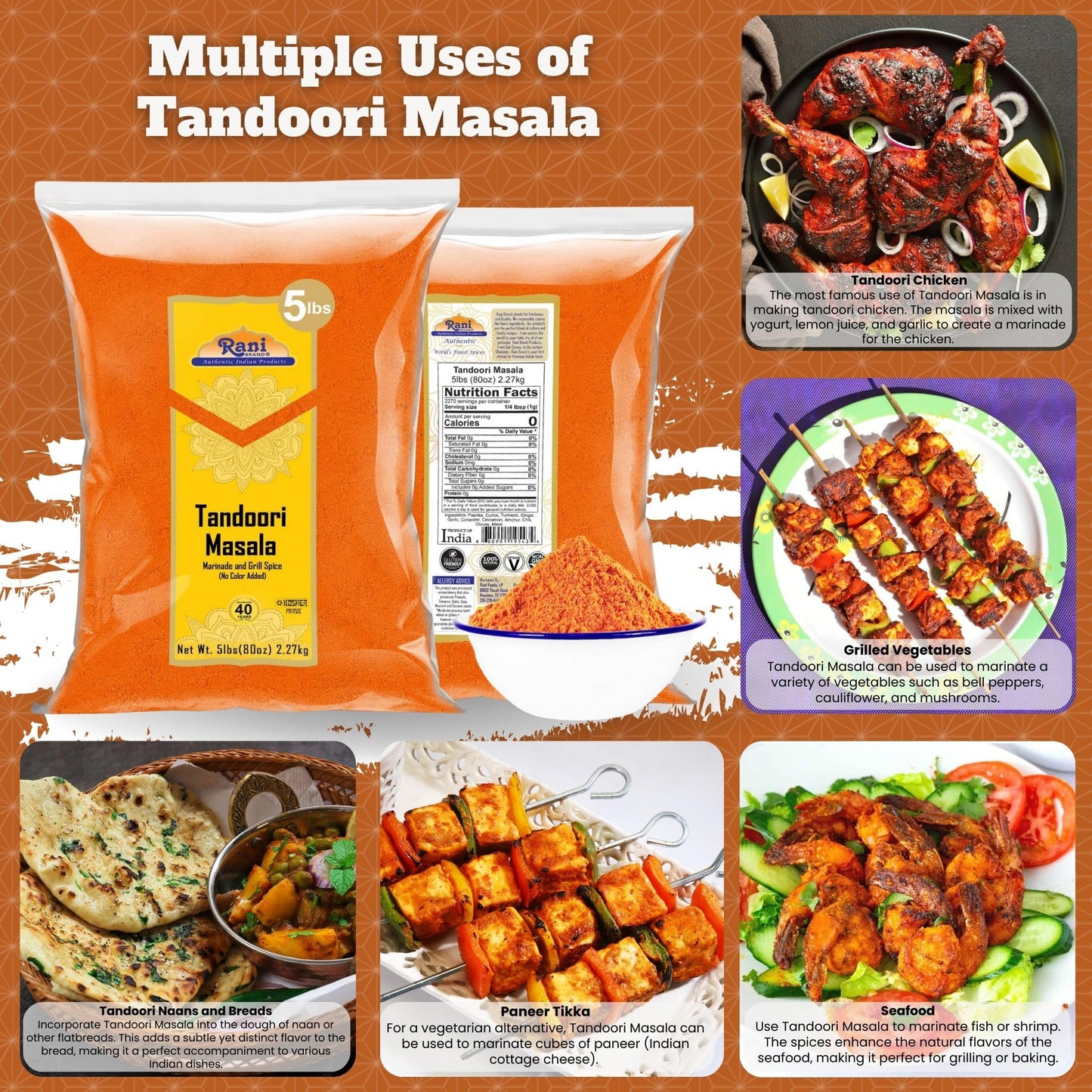 Rani Tandoori Masala (Natural, No Colors Added) Indian 11-Spice Blend 80Oz (5Lbs) 2.27Kg Bulk ~ Salt Free | Vegan | Gluten Frien