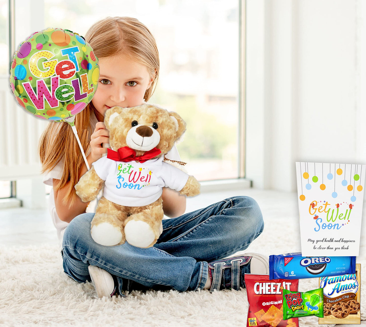 Beyond The Box Get Well Gift Basket with Teddy Bear, Balloon, Candy & Snacks - Medium Care Package for Kids