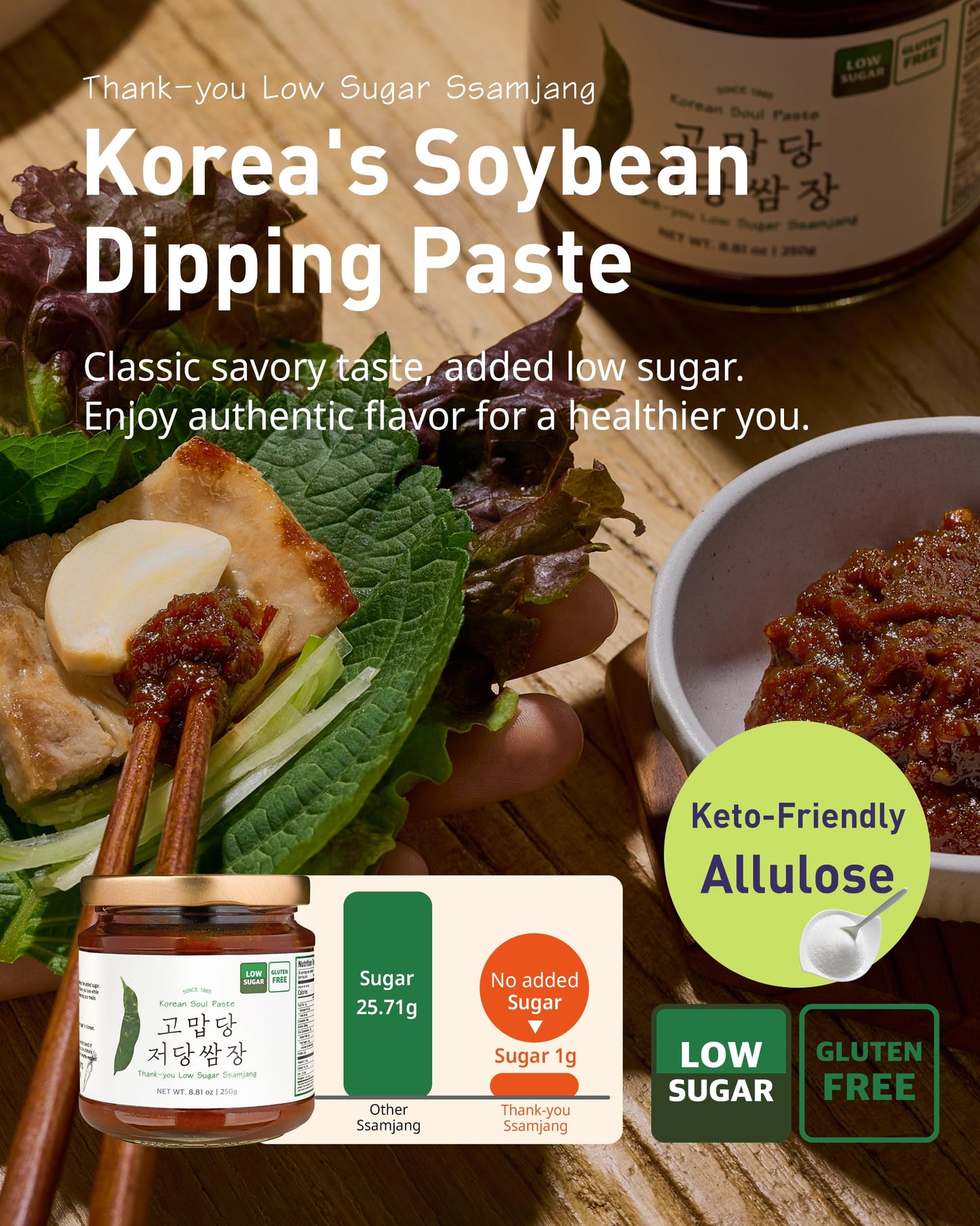 Thank-You Low Sugar Ssamjang - Gluten-Free Korean Dipping Sauce With Fermented Soybean & Peppers - Vegan, Non-Gmo Condiment For