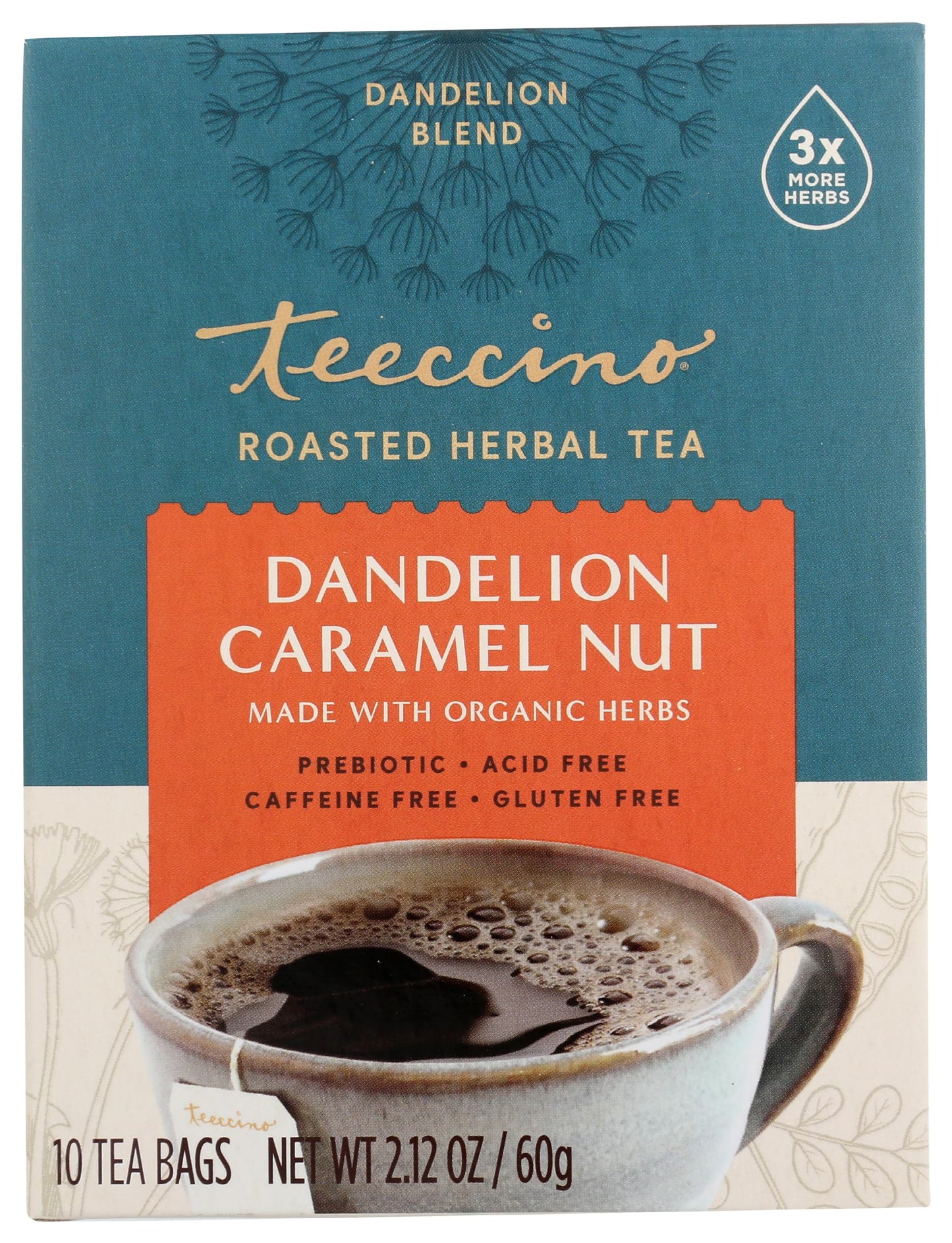 Teeccino Dandelion Caramel Nut Tea - Caffeine Free Herbal Tea, 10 Count, Gluten Free, Model 72346015
