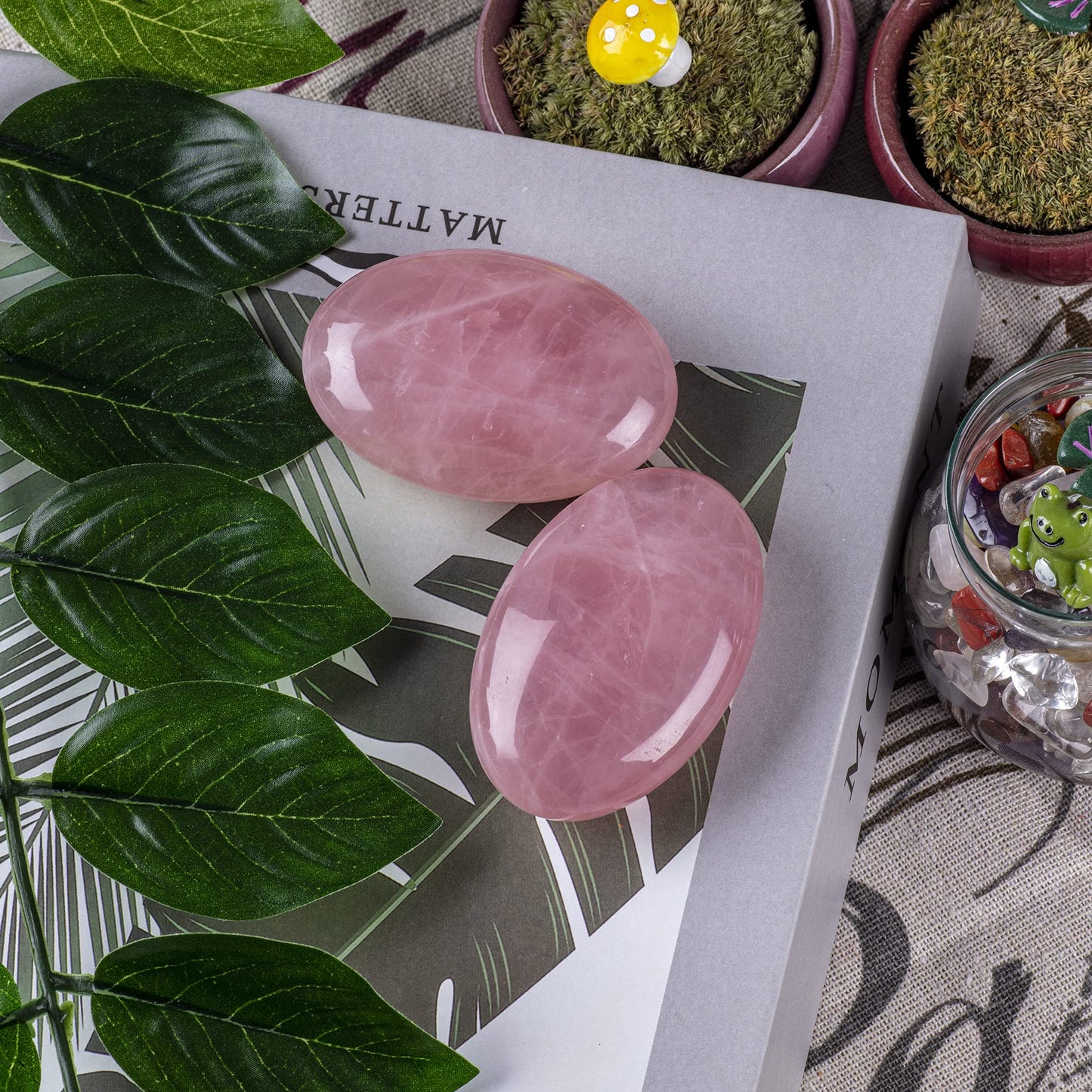 Ufeel Rose Quartz Palm Stone Crystal - Natural Chakra Reiki Polished Healing Love Oval Pocket Worry Stone Crystals For Anxiety S