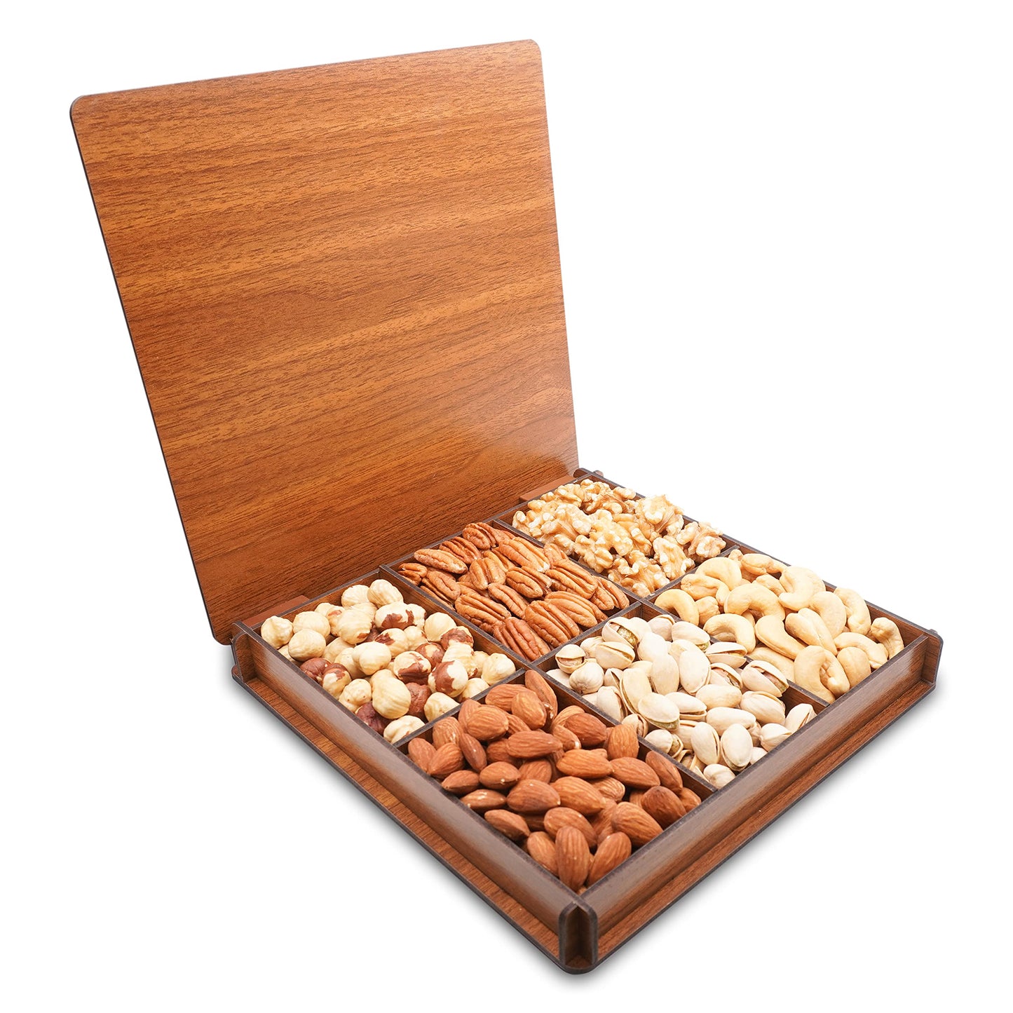 Secret Gardens Monogrammed Gift Basket - Mixed Nuts Gourmet Assortment in Reusable Wooden Tray, Ideal Birthday or Corporate Present, Gift Basket