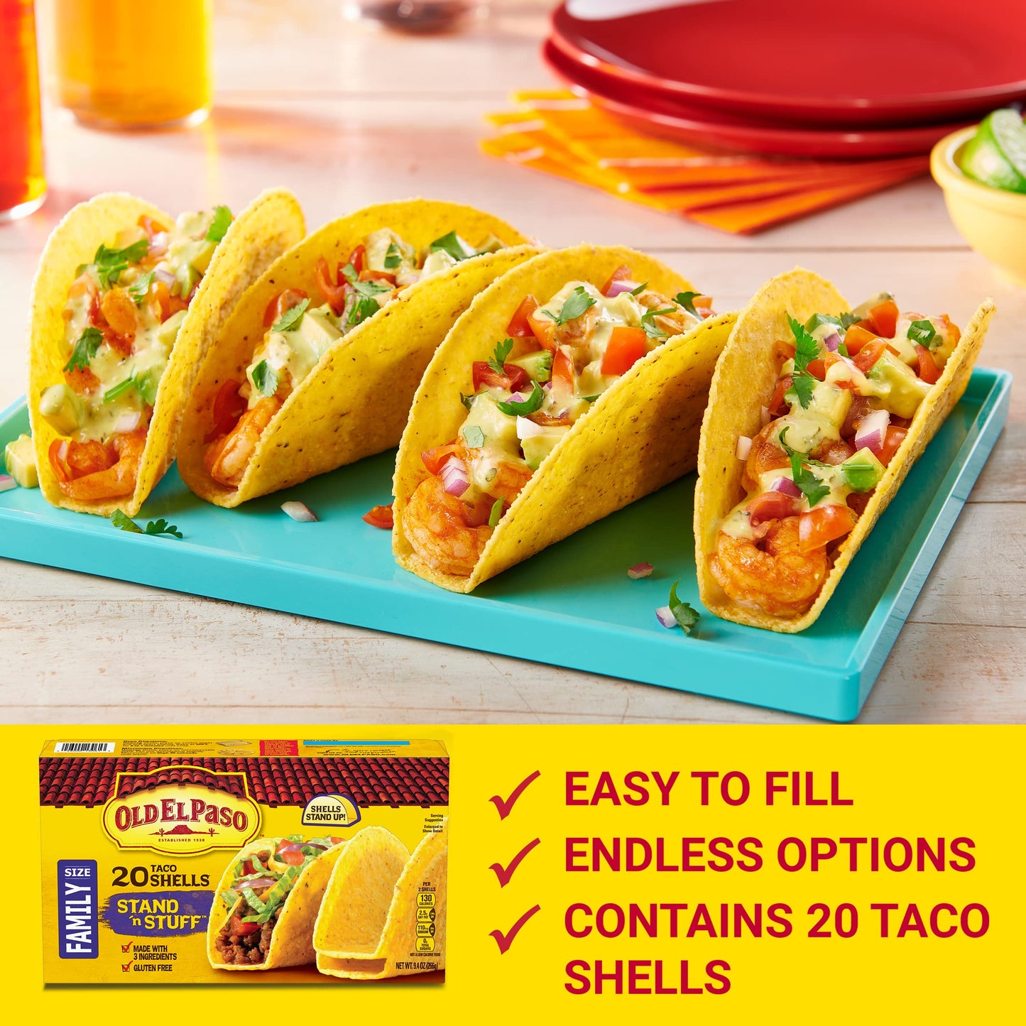 Old El Paso Stand N Stuff Taco Shells, Gluten Free, Family Size, 20-Count
