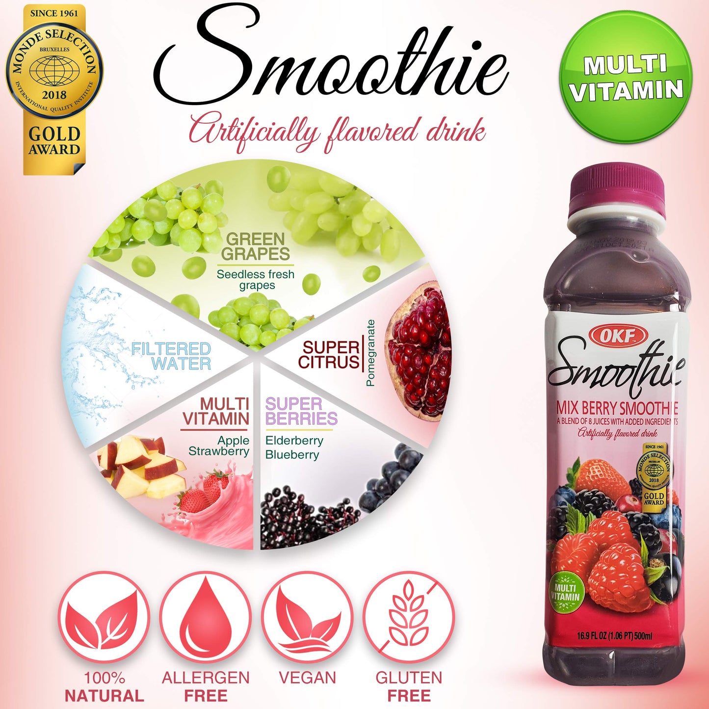 OKF Smoothie Multi Vitamin Drink, Mix Berry Flavor, 16.9 Fl Oz, 12 Pack