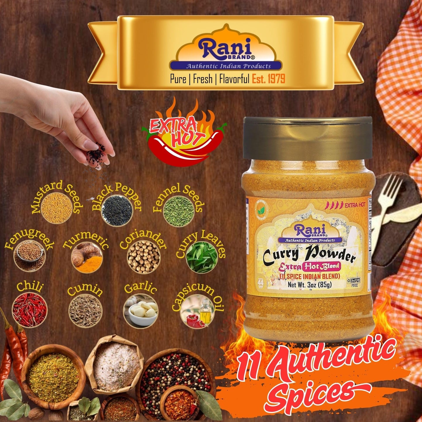 Rani Curry Powder Extra Hot (11-Spice Authentic Indian Blend) 3Oz (85G) Pet Jar ~ All Natural | Salt-Free | Vegan | No Colors |