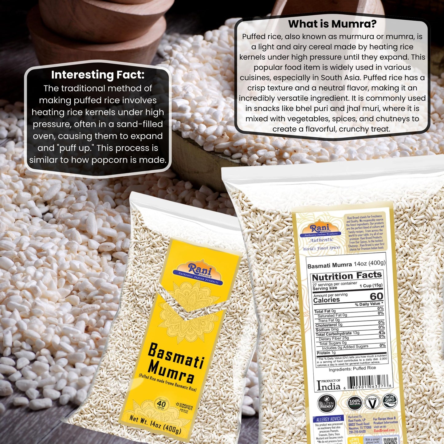 Rani Basmati Mumra (Puffed Rice) 14Oz (400G) ~ All Natural | No Color | Gluten Friendly | Vegan | Non-Gmo | No Salt Or Fillers |