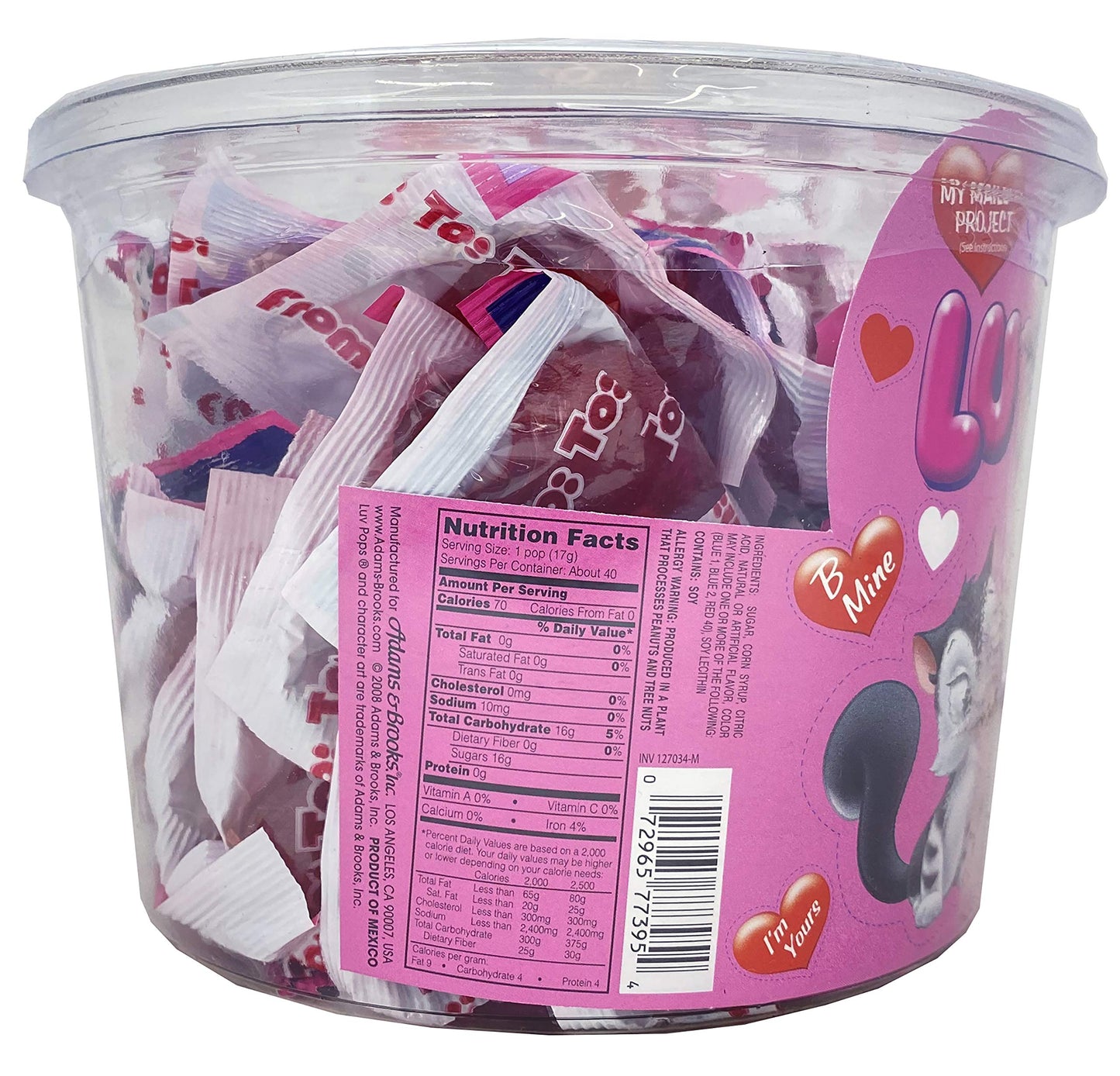 Adams & Brooks, Inc. Luv Pops Intense Cherry Flavored Heart-Shaped Lollipops Mailbox Tub Individually Wrapped Heart Lollipops Fo