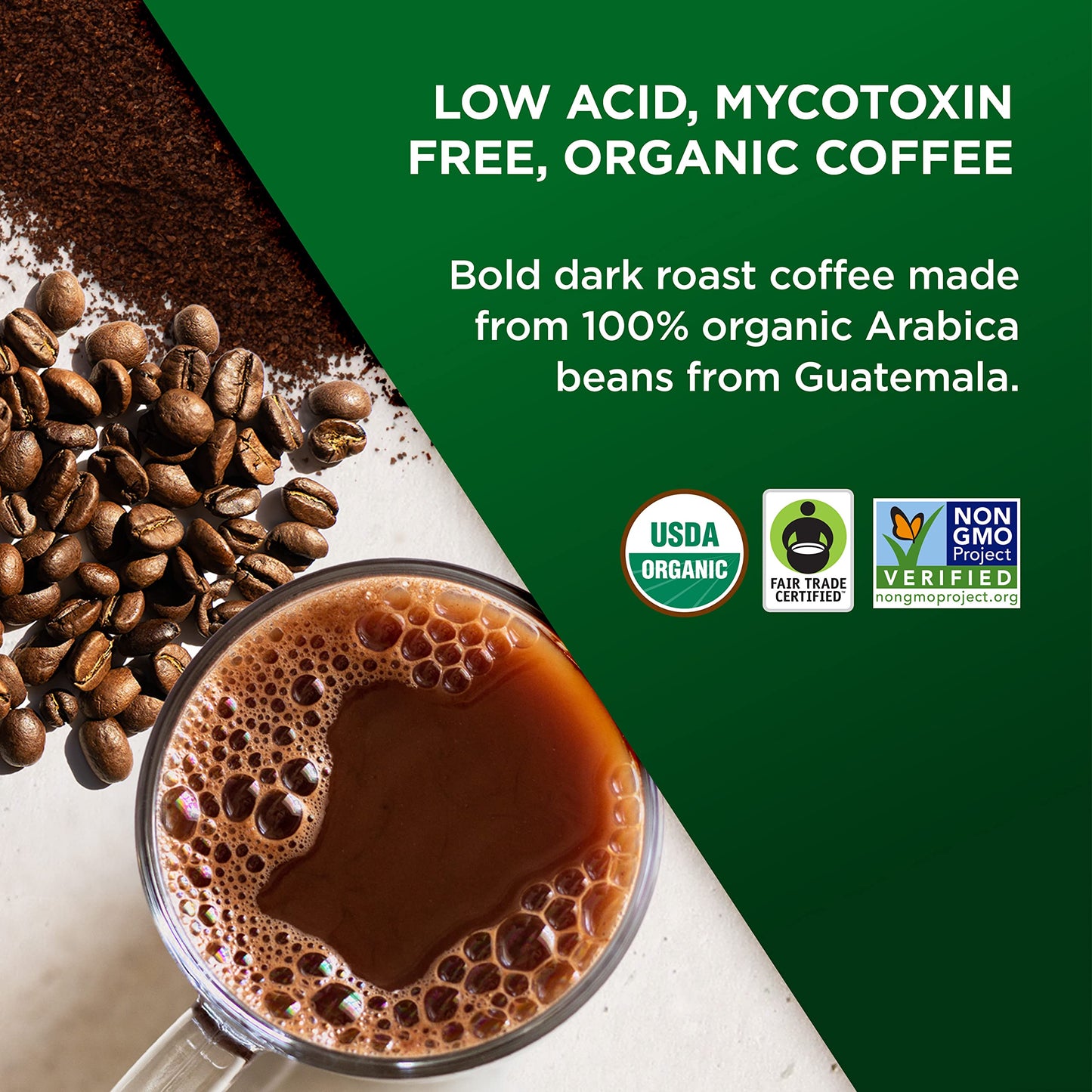 VitaCup Perfect Low Acid Coffee Pods  USDA Organic & Fair Trade  Mycotoxin Free  Dark Roast Guatemala Single Origin  Clean & Pure Recyclable Single Serve Pod compatible w/Keurig K-Cup malt-inspired 24 CT