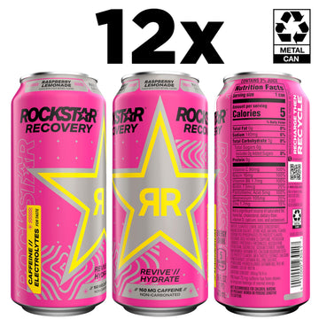 Rockstar Recovery Energy Drink, Raspberry Lemonade, 16 fl oz Cans, 12 Pack, 160mg Caffeine, Electrolytes, Hydration