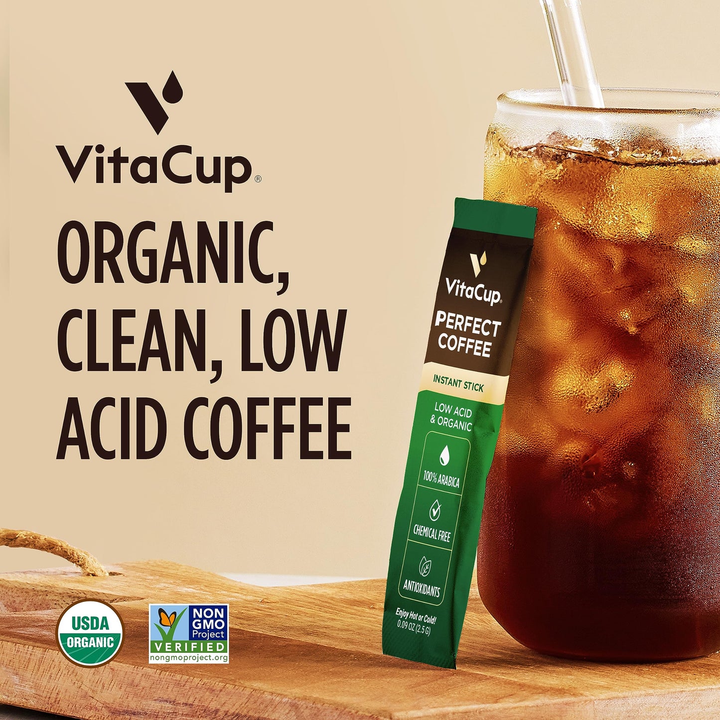 VitaCup Perfect Low Acid Instant Coffee Packets, Dark Roast Coffee, USDA Organic & Fair Trade, Third Party Tested for Mycotoxins