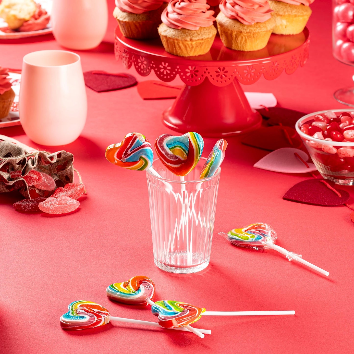 24 Heart Rainbow Lollipops Individually Wrapped, Bursting With Fruity Flavor, Great Swirl Lollipops For Kids Birthday Parties, V