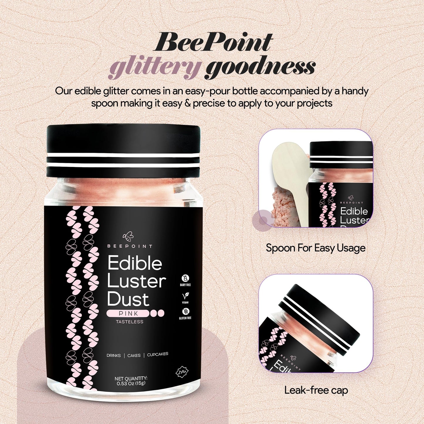BeePoint Edible Glitter Luster Dust - Vegan, Gluten Free, 15g, Pink Shimmer Powder for Baking, Cocktails, Cake Decorating, and Sweets