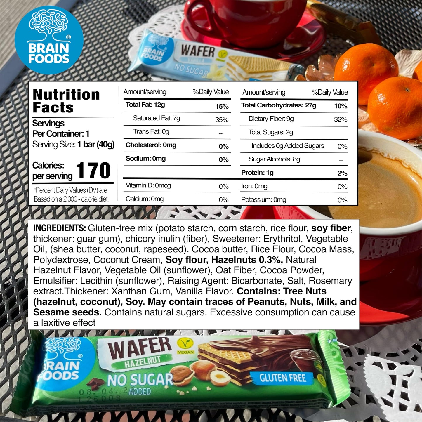 Brain Foods Gluten Free Vegan Chocolate Coated Hazelnut Wafers, 12 Bars, High Fiber, No Sugar Added, 1.4 oz, Guilt Free Snack