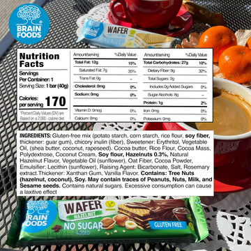 Brain Foods Gluten Free Vegan Chocolate Coated Hazelnut Wafers, 12 Bars, High Fiber, No Sugar Added, 1.4 oz, Guilt Free Snack