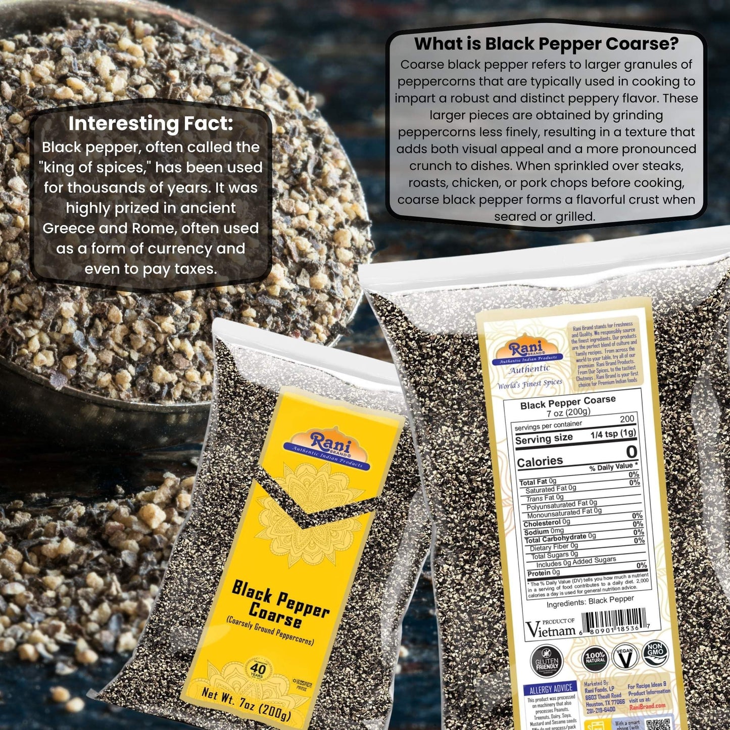 Rani Black Pepper Coarse Ground 28 Mesh (Table Grind) 7Oz (200G) ~ All Natural | Vegan | Gluten Friendly | Non-Gmo | Kosher | Pr