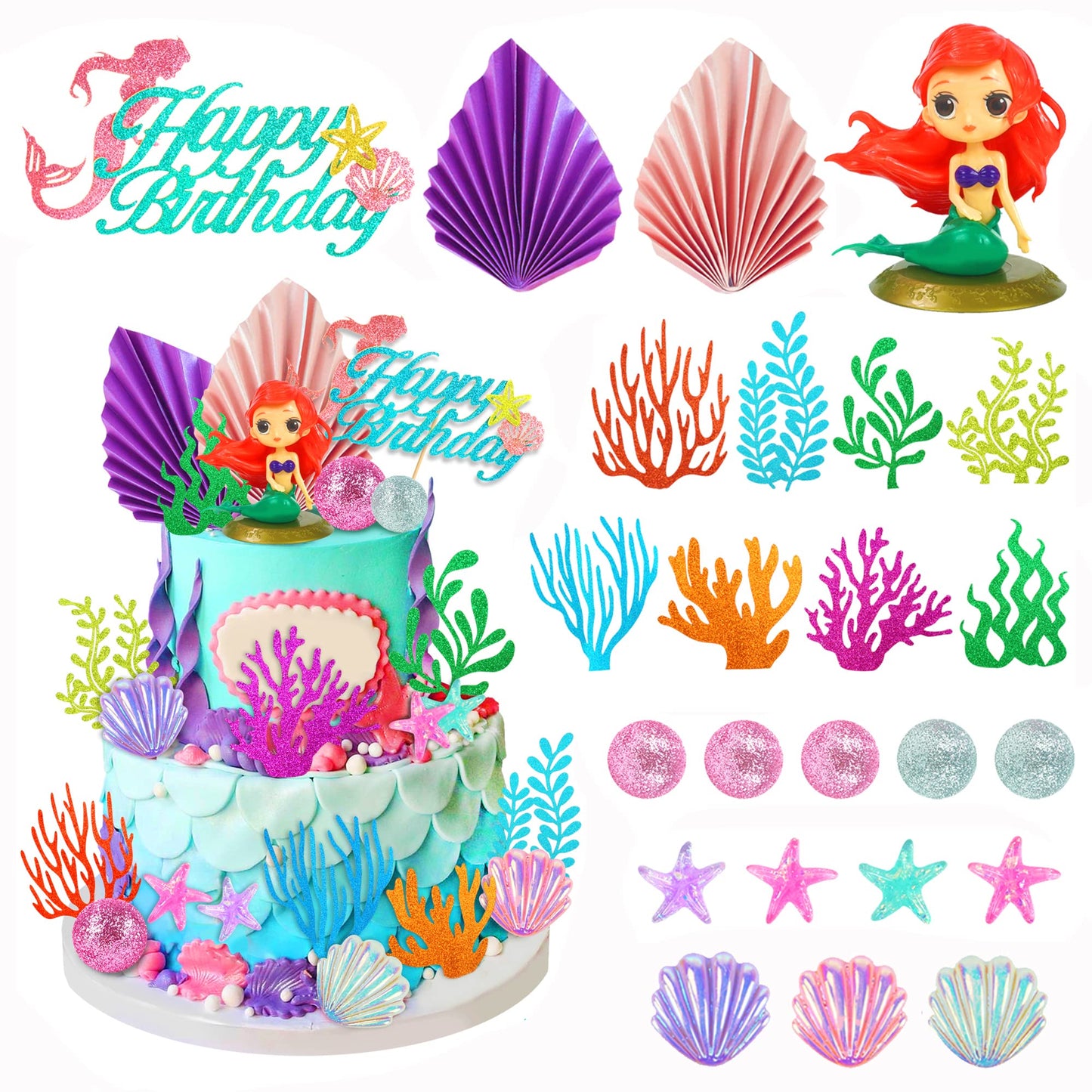 24Pcs Mermaid Cake Topper Under The Sea Cake Topper With Ariel Model Palm Leaves Sea Animals And Balls Topper For Little Mermaid