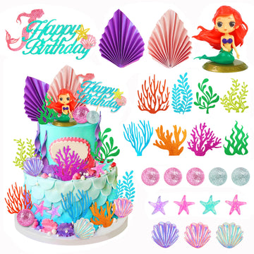 24Pcs Mermaid Cake Topper Under The Sea Cake Topper With Ariel Model Palm Leaves Sea Animals And Balls Topper For Little Mermaid