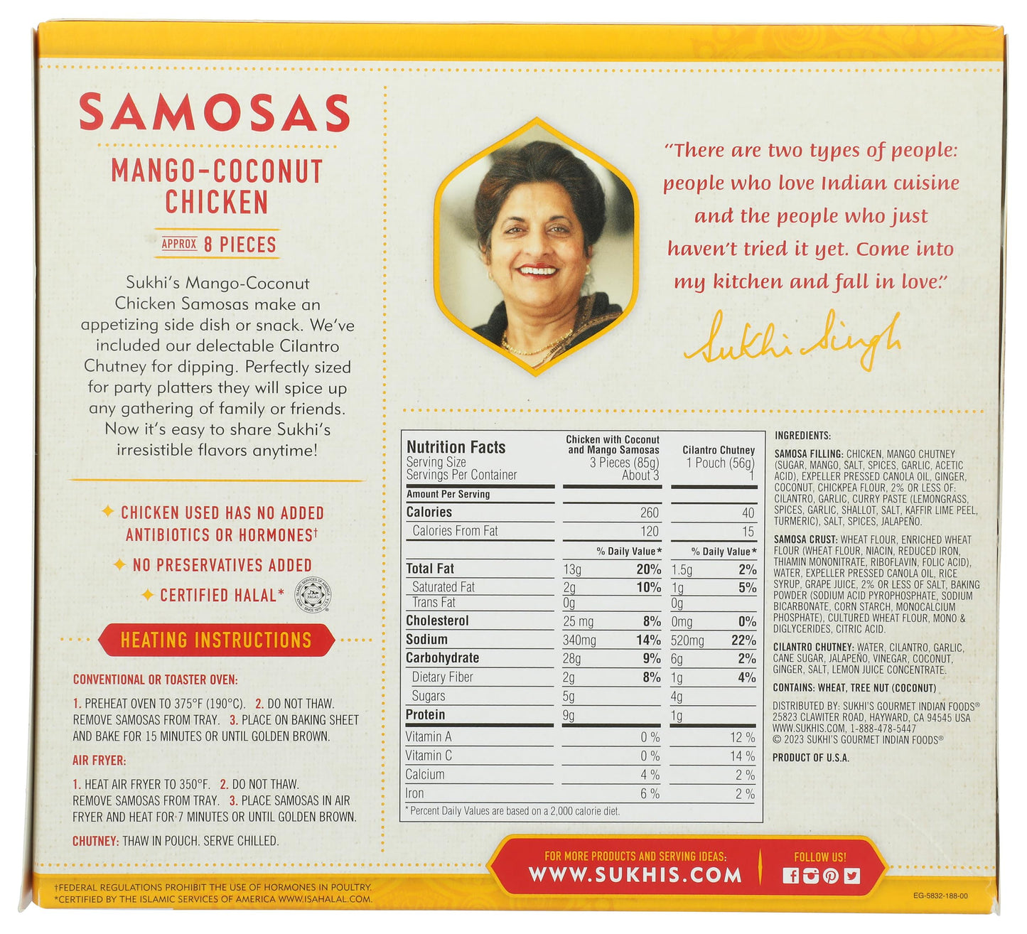 Sukhis Indian Mango Coconut Chicken Samosa Frozen Appetizer Snack with Cilantro Chutney Dipping Sauce 10oz