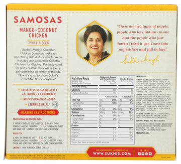 Sukhis Indian Mango Coconut Chicken Samosa Frozen Appetizer Snack with Cilantro Chutney Dipping Sauce 10oz