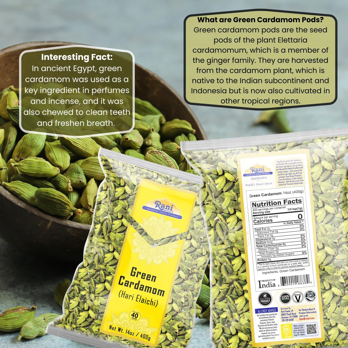 Rani Green Cardamom Pods Spice, All Natural, Vegan, Gluten Friendly, 14oz (400g), Product of India