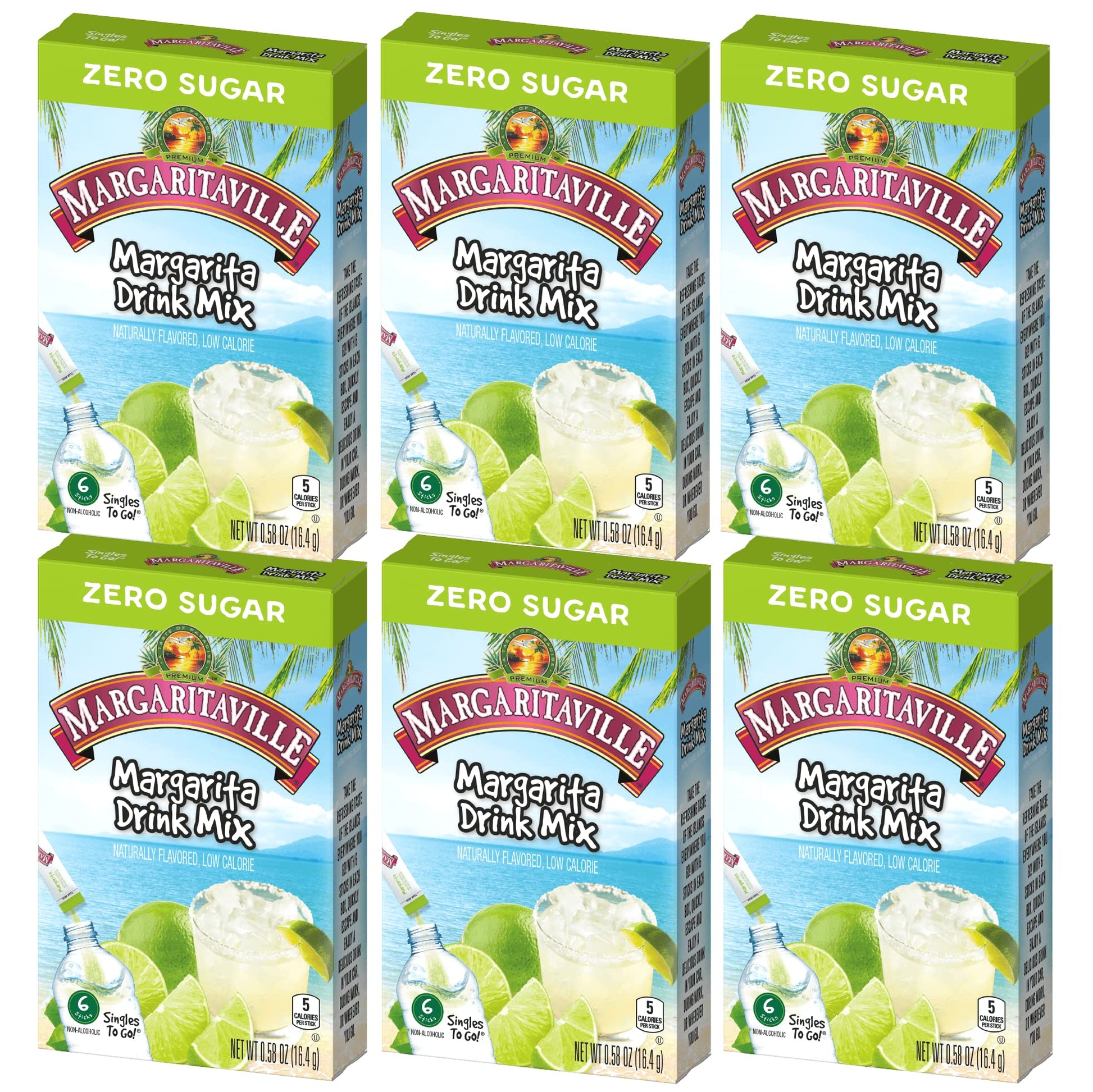 Margaritaville Singles To Go Water Drink Mix - Margarita Flavor, Non-Alcoholic, 6 Boxes, 36 Total Servings, 0.58 Ounce Each