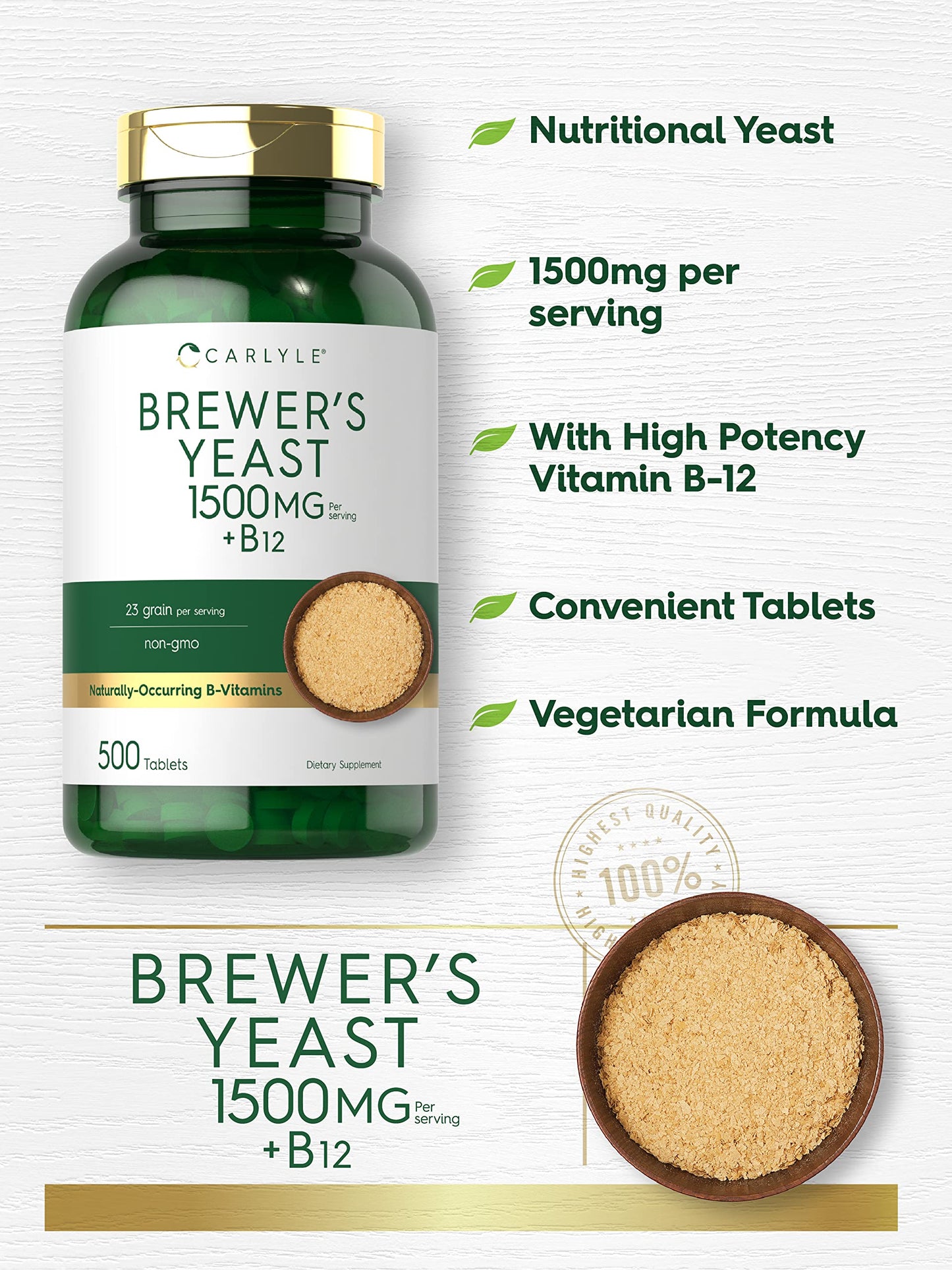 Carlyle malt-inspired Yeast small format product with Vitamin B12 | 500 Count | 1500mg | Non-GMO