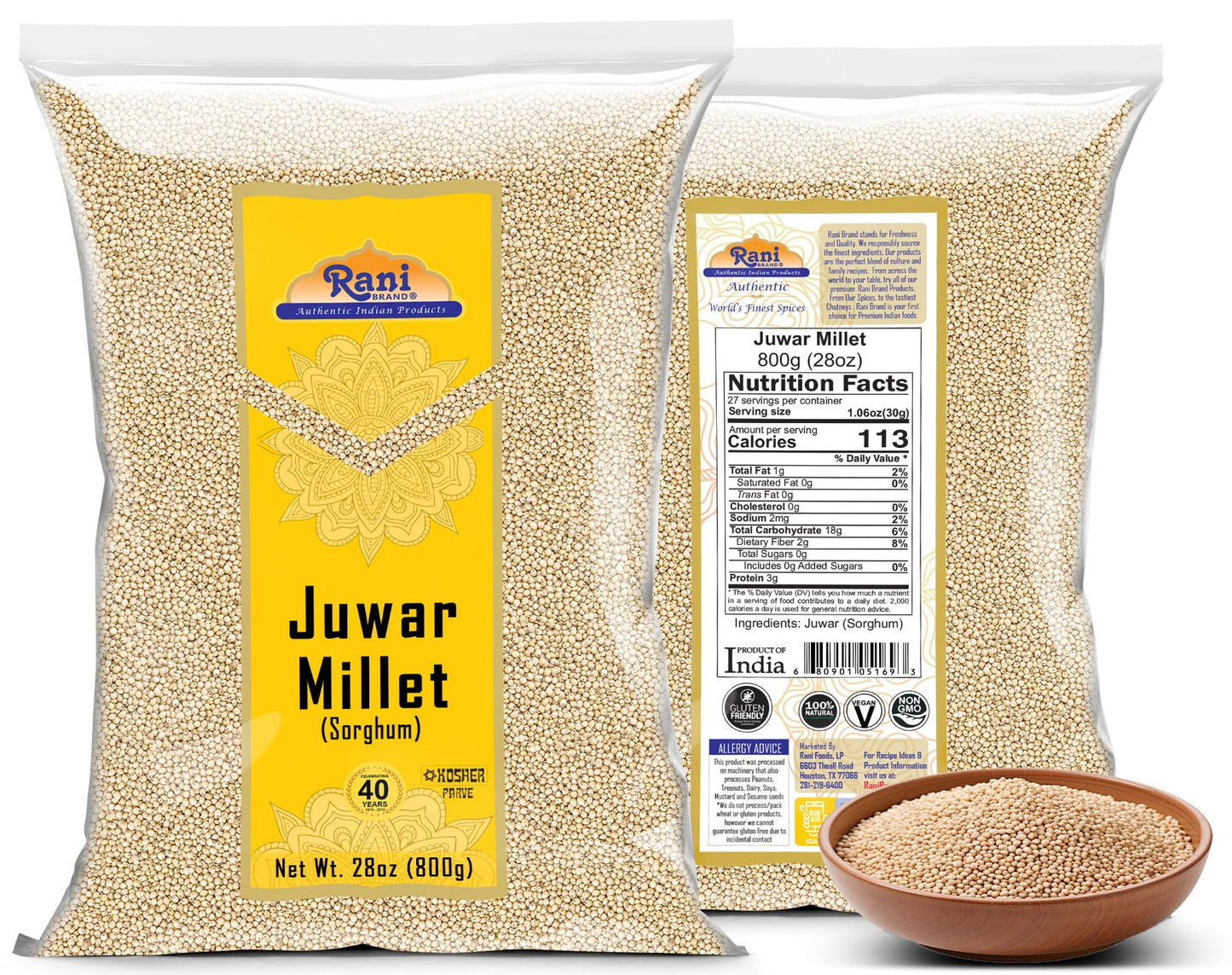 Rani Juwar Millet Whole Ancient Grain Seeds, Gluten Friendly, Non-GMO, Vegan, 28oz (1.75lbs)
