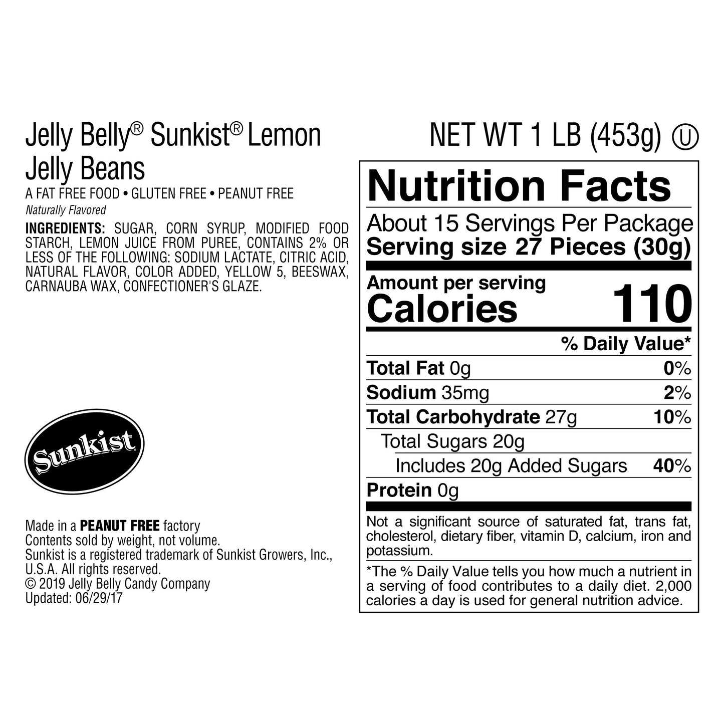 Jelly Belly Sunkist Lemon Jelly Beans - 1 Pound (16 Ounces) Resealable Bag - Genuine, Official, Straight From The Source