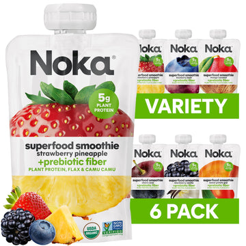 Noka Superfood Fruit Smoothie Pouches Variety Pack, Healthy Snacks with Flax Seed, Plant Protein and Prebiotic Fiber, Vegan and 