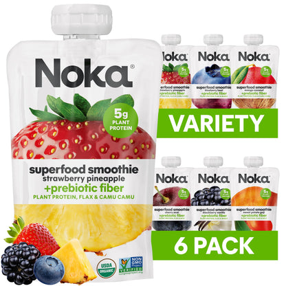 Noka Superfood Fruit Smoothie Pouches Variety Pack, Healthy Snacks with Flax Seed, Plant Protein and Prebiotic Fiber, Vegan and 