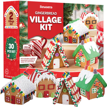 Gingerbread House kit [Set of 8] Mini Village Gingerbread Decorating House Kit Fun Holiday Activity for Kids, Ease Crafted Groov