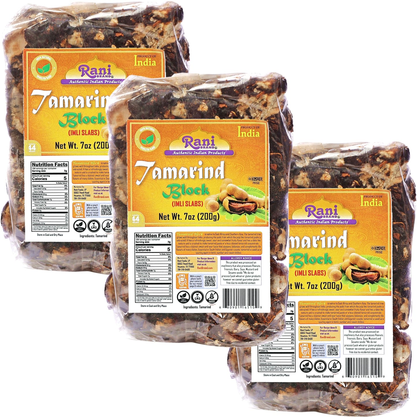 Rani Tamarind Block (Imli Slab) 7oz (200g), Pack of 3 ~ All Natural | No added sugar | Vegan | Gluten Friendly | NON-GMO | Koshe