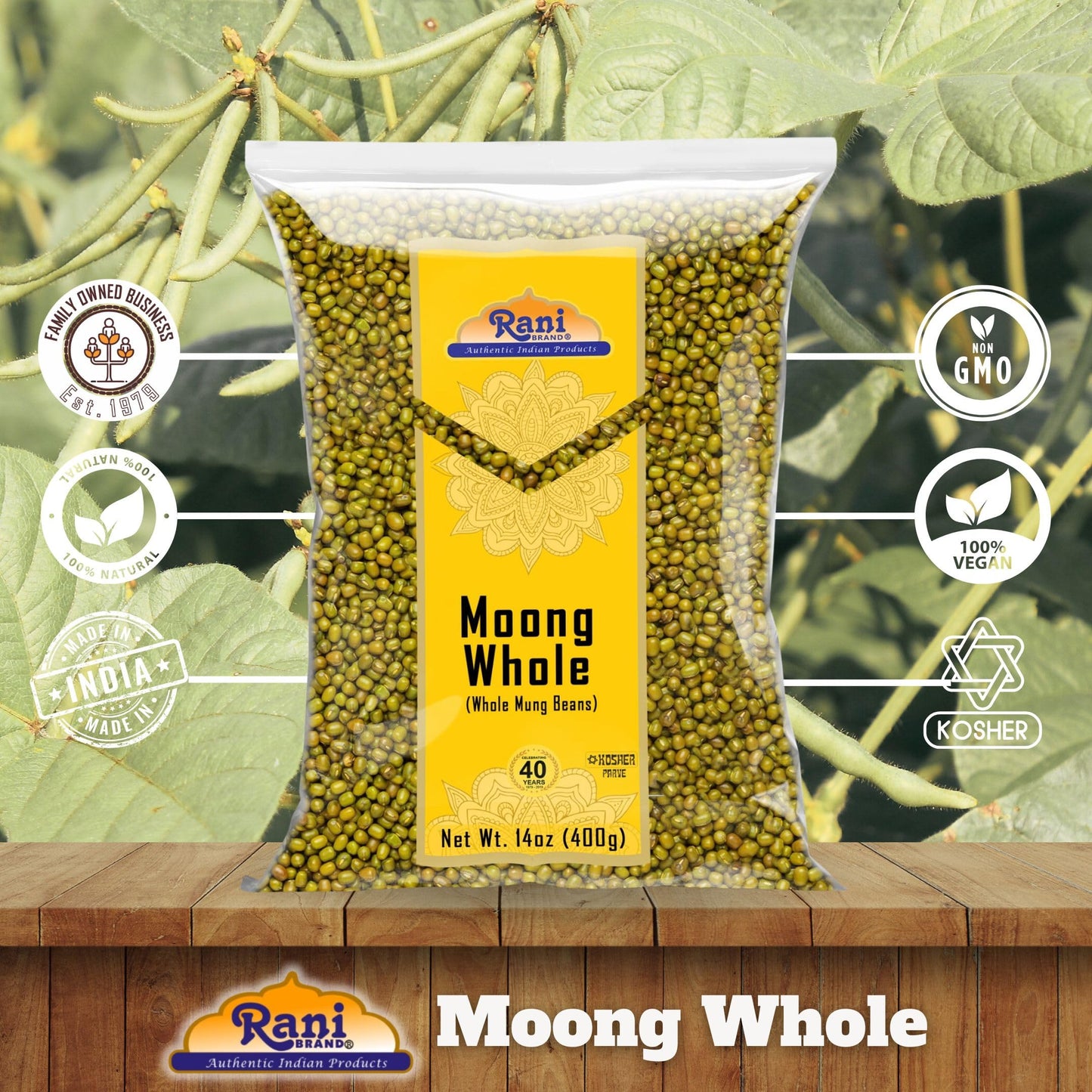 Rani Moong Whole Mung Beans - All Natural, Gluten Friendly, Non-GMO, Vegan, 14oz (400g)