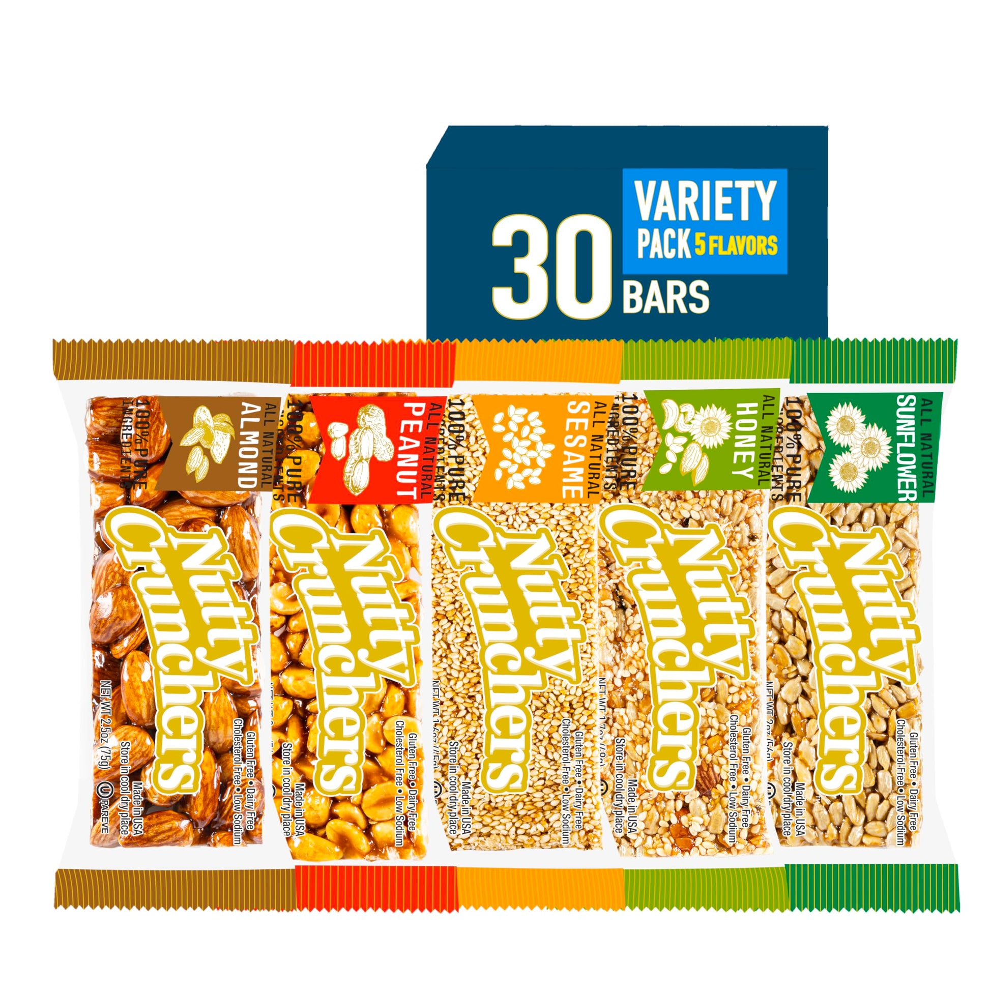 Nutty Crunchers All Natural Snack Bars - Variety Pack, 5 Flavors, 30 Bars, 0.08 Ounce Each
