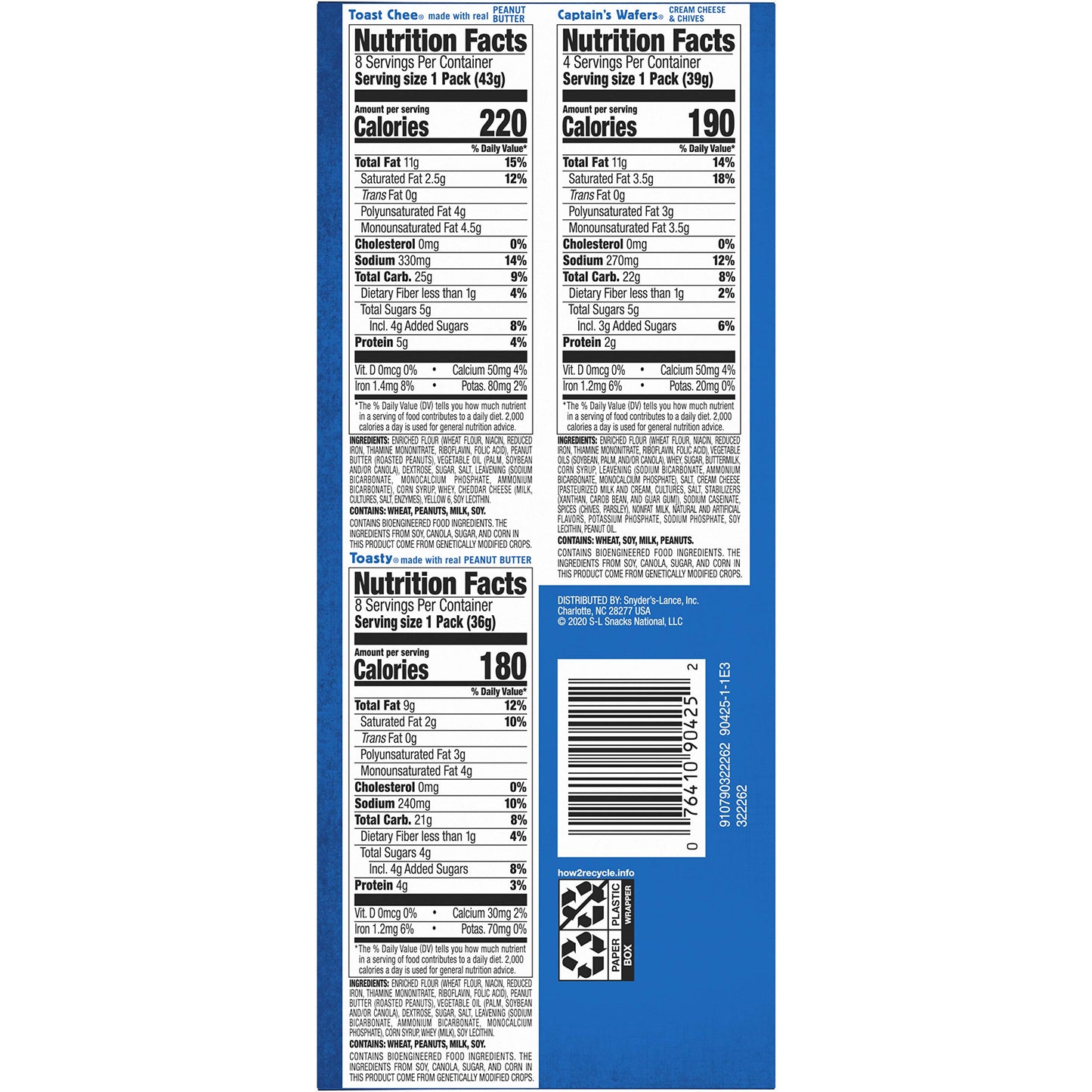 Lance Sandwich Crackers, Variety Pack, 3 Flavors, 20 Individually Wrapped Packs, 6 Sandwiches Each