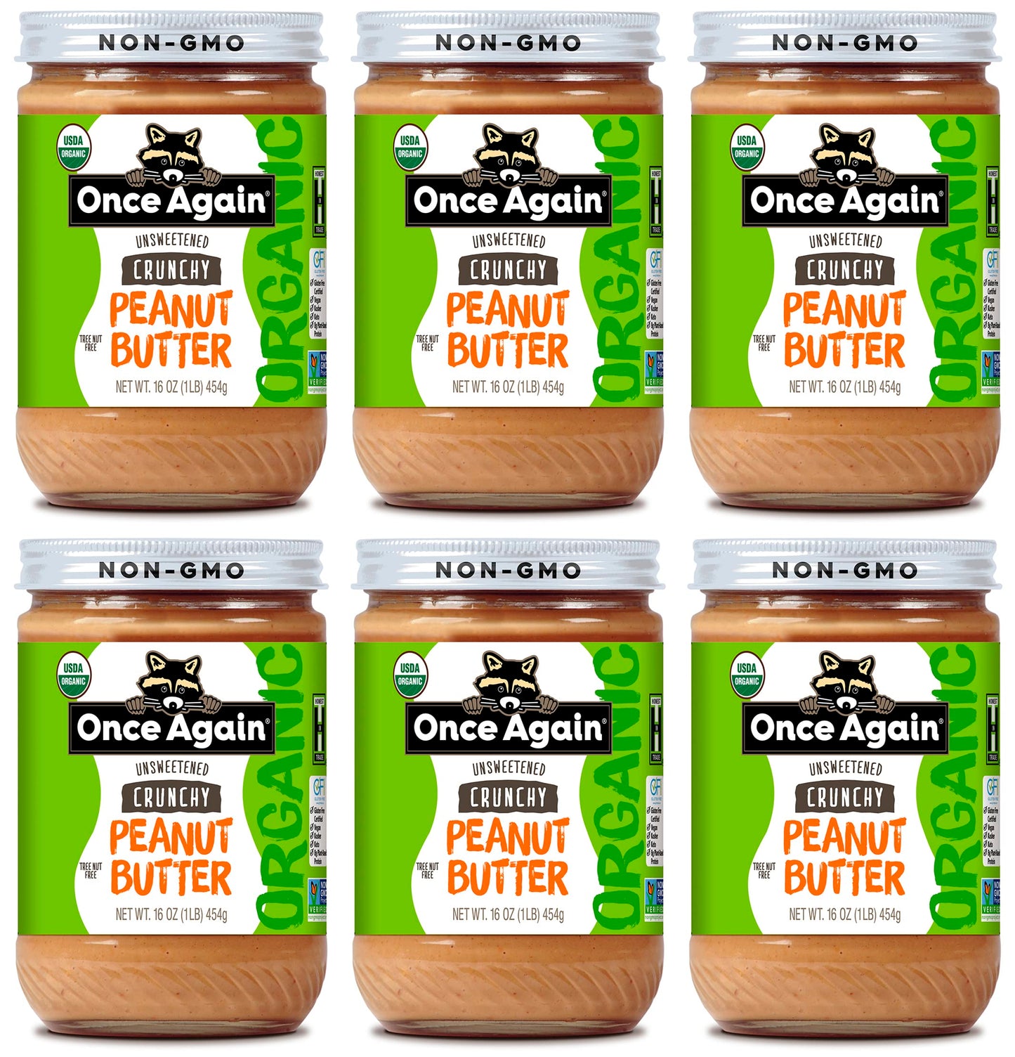 Once Again 6PK Organic Crunchy Peanut Butter, 16oz - Lightly Salted, Unsweetened - USDA Organic, Gluten Free Certified, Vegan, K