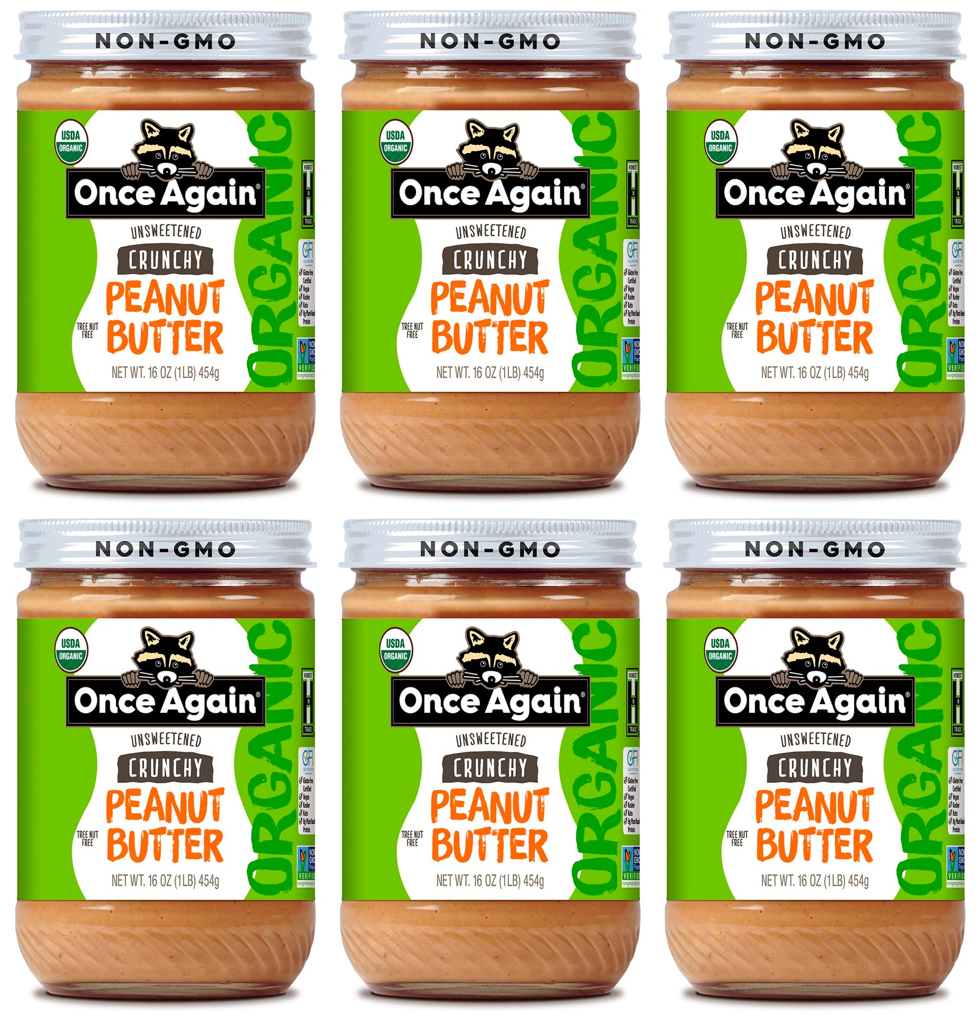 Once Again 6PK Organic Crunchy Peanut Butter, 16oz - Lightly Salted, Unsweetened - USDA Organic, Gluten Free Certified, Vegan, K