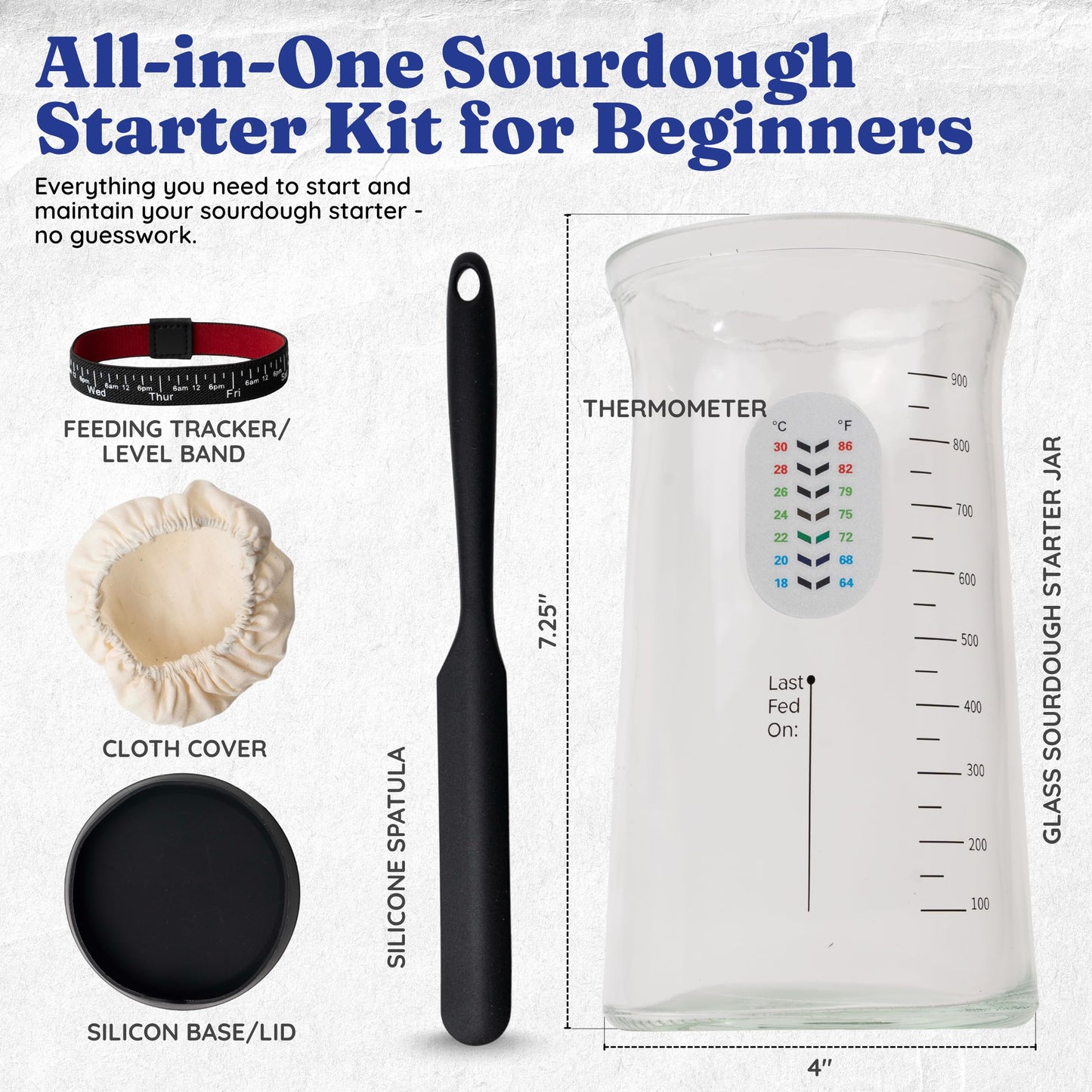 Pro Sourdough Starter Kit -37oz Wide Mouth Sourdough Starter Jar Kit for Bread - Large Glass Sourdough Jar  Feeding Band  Cloth Cover  Spatula & Thermometer-Best Sourdough Bread Kit for Beginners