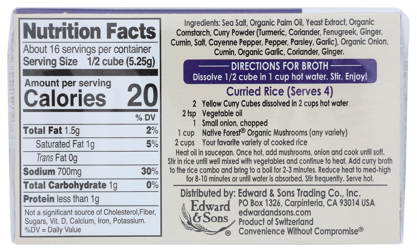 Edward & Sons Yellow Curry Bouillon Cubes, 2.9 Oz